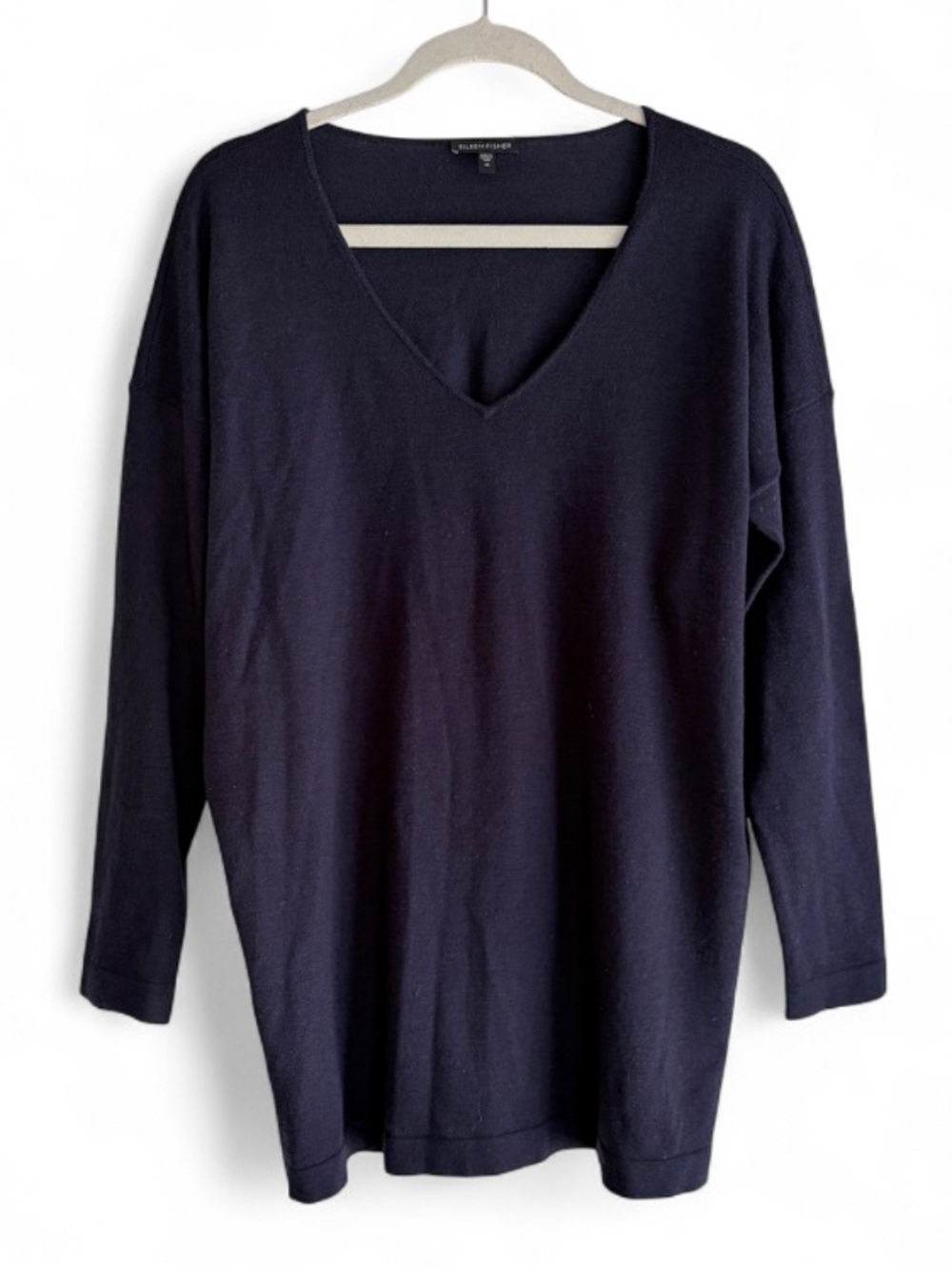 Eileen Fisher 100% Merino Wool Navy Blue V Neck Tunic Sweater Size M